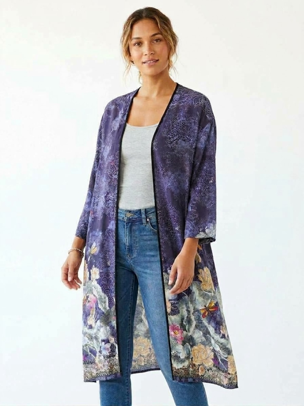 Citron Santa Monica Small Dragonflies Lotus Flowers Rayon Duster Kimono Cardigan